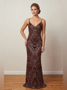 Y2K Dress Chandelier Gown Glitter 9/10 Burgundy Gold Prom HOCO Slinky Formal
